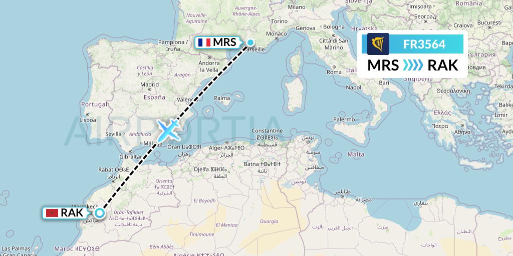 FR3564 Ryanair Flight Map: Marseille to Marrakesh 