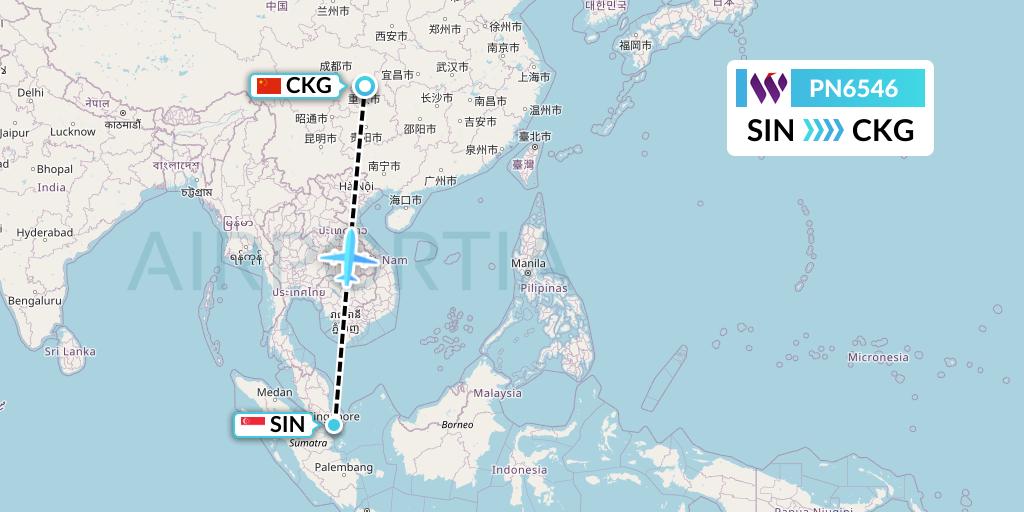 PN6546 China West Air Flight Map: Singapore to Chongqing