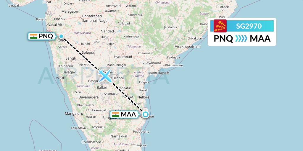 SG2970 SpiceJet Flight Map: Pune to Chennai