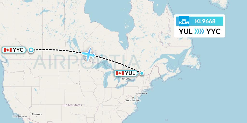 KL9668 KLM Flight Map: Montreal to Calgary