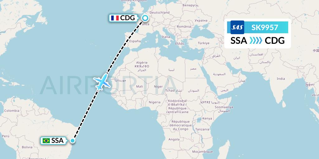 SK9957 SAS Flight Map: Salvador to Paris