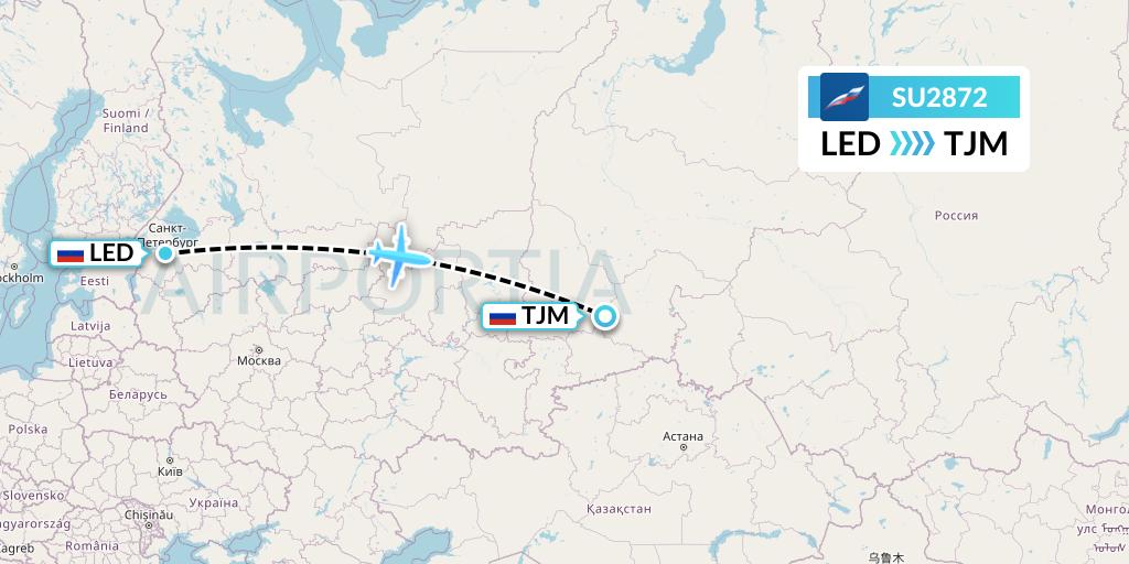 SU2872 Aeroflot Flight Map: St. Petersburg to Tyumen