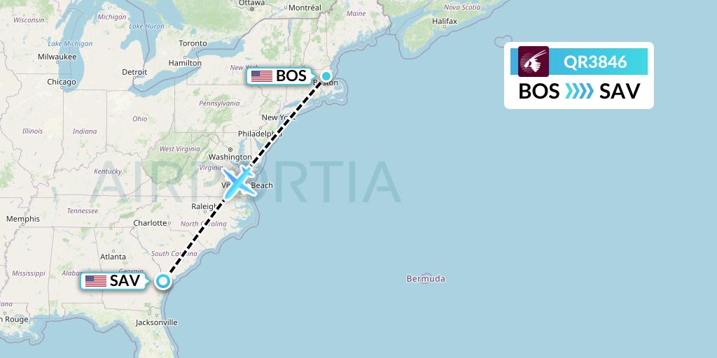 QR3846 Qatar Airways Flight Map: Boston to Savannah