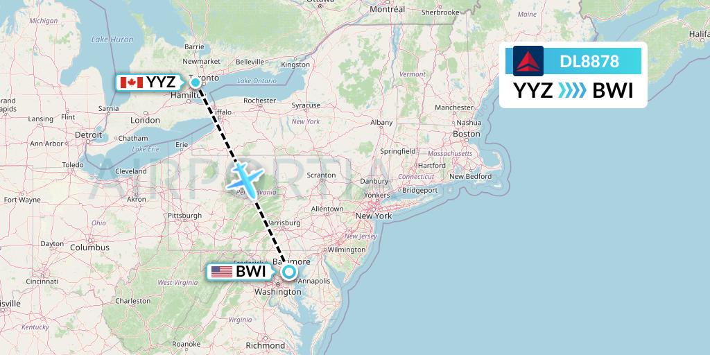 DL8878 Delta Air Lines Flight Map: Toronto to Baltimore