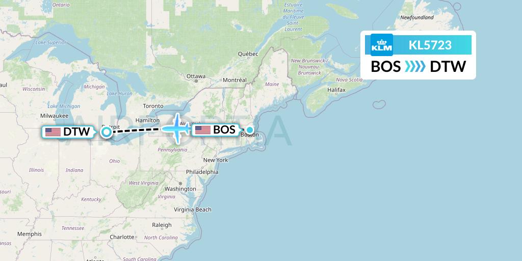 KL5723 KLM Flight Map: Boston to Detroit