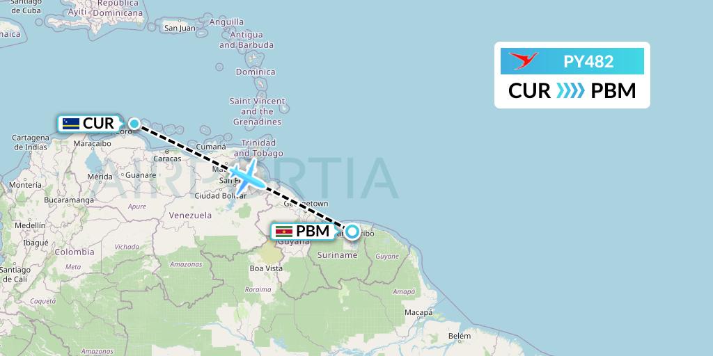 PY482 Surinam Airways Flight Map: Willemstad to Paramaribo