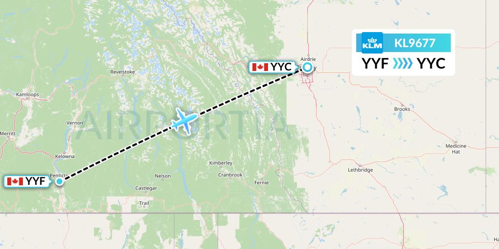 KL9677 KLM Flight Map: Penticton to Calgary
