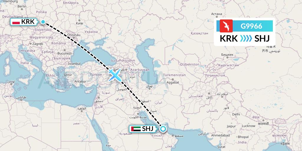 G9966 Air Arabia Flight Map: Krakow to Sharjah