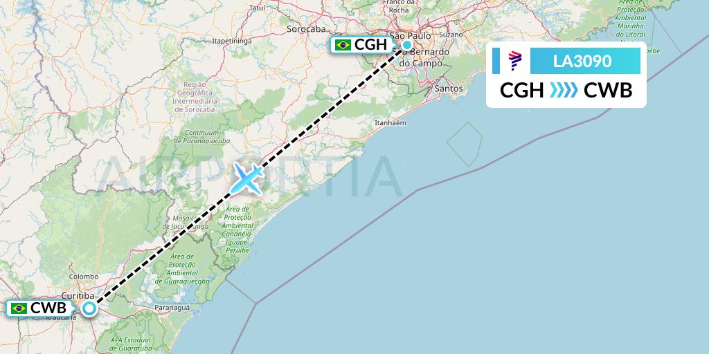 LA3090 LAN Airlines Flight Map: Sao Paulo to Curitiba