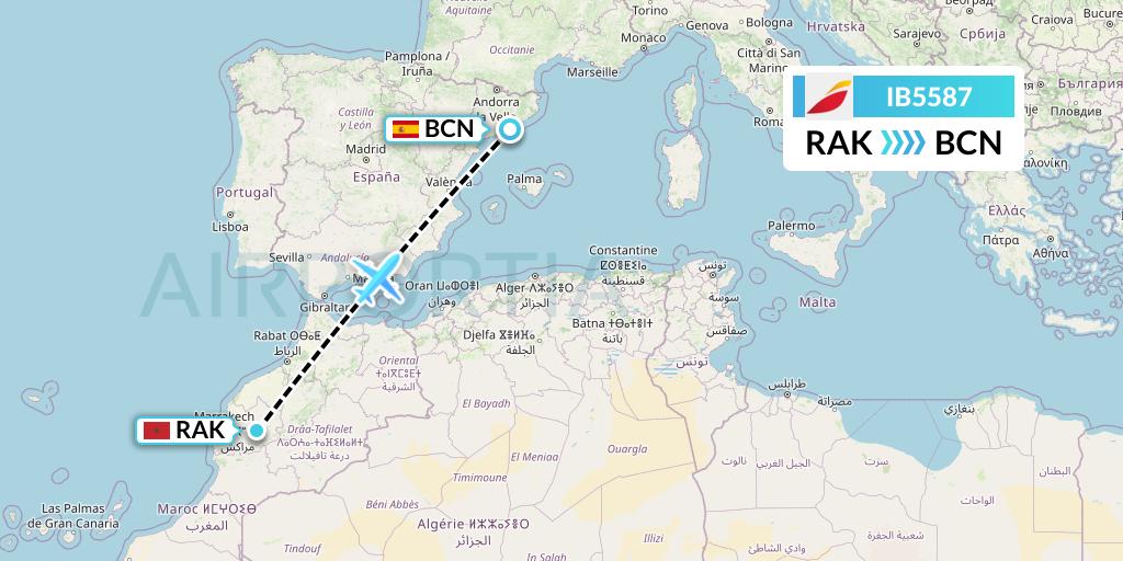 IB5587 Iberia Flight Map: Marrakesh to Barcelona