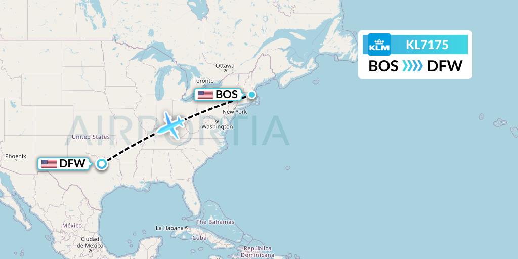 KL7175 KLM Flight Map: Boston to Dallas