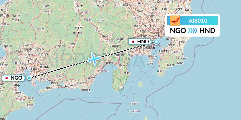 AI8010 Air India Flight Map: Nagoya to Tokyo