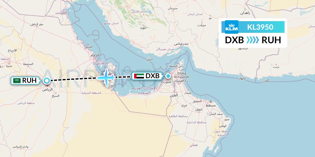 KL3950 KLM Flight Map: Dubai to Riyadh