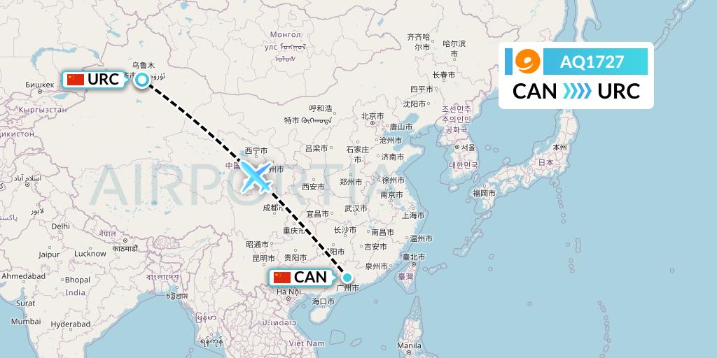 AQ1727 9 Air Flight Map: Guangzhou to Urumqi
