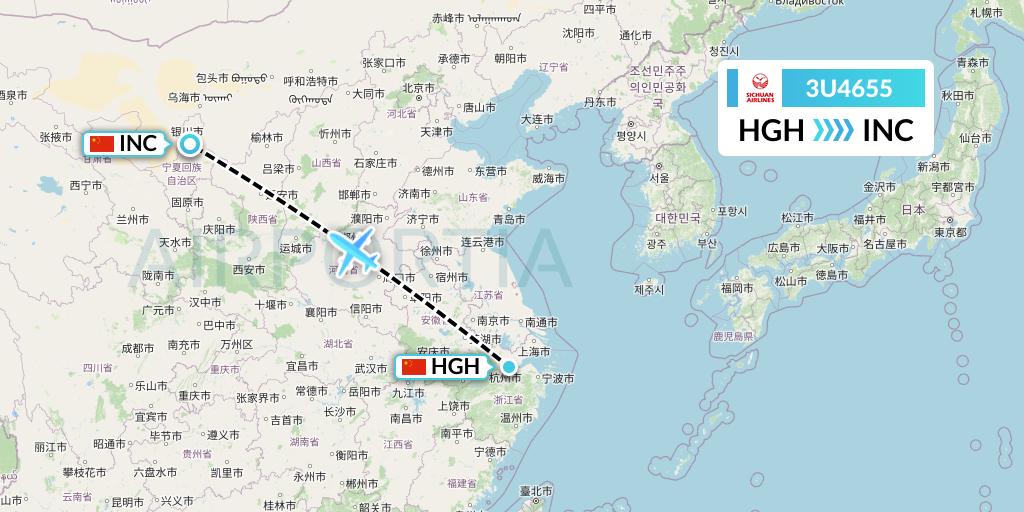 3U4655 Sichuan Airlines Flight Map: Hangzhou to Yinchuan