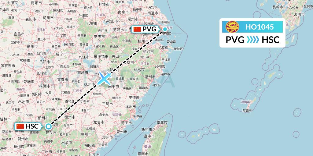 HO1045 Juneyao Airlines Flight Map: Shanghai to Shaoguan