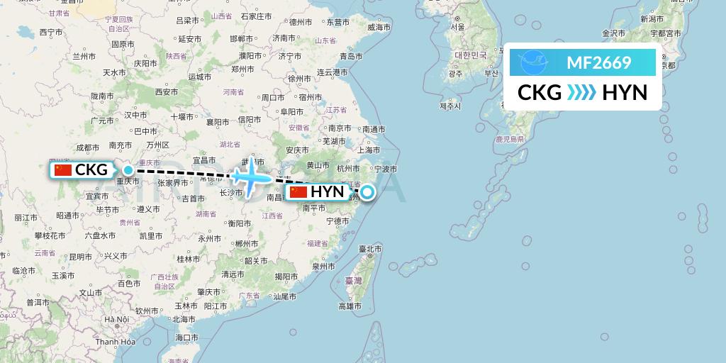 MF2669 Xiamen Airlines Flight Map: Chongqing to Huangyan