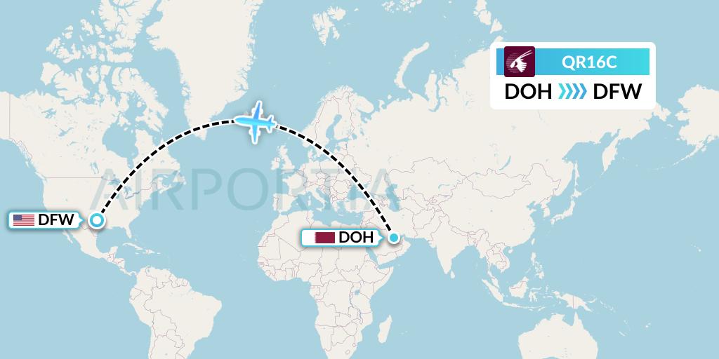 QR16C Qatar Airways Flight Map: Doha to Dallas
