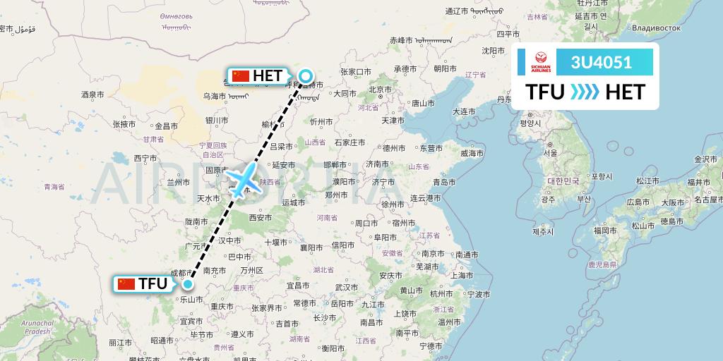 3U4051 Sichuan Airlines Flight Map: Chengdu to Hohhot