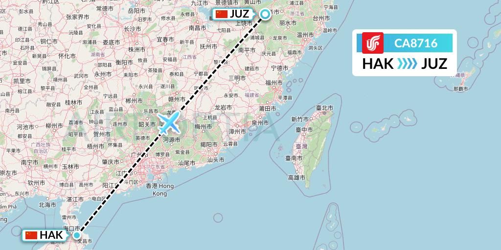 CA8716 Air China Flight Map: Haikou to Quzhou