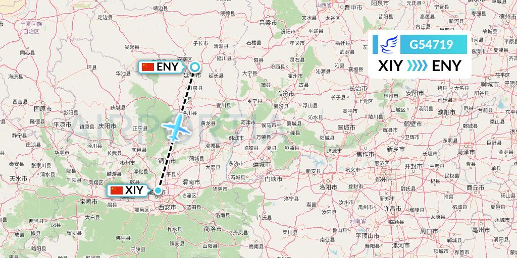 G54719 China Express Airlines Flight Map: Xi'an to Yan'an