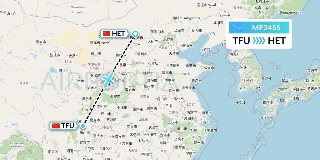 MF2455 Xiamen Airlines Flight Map: Chengdu to Hohhot
