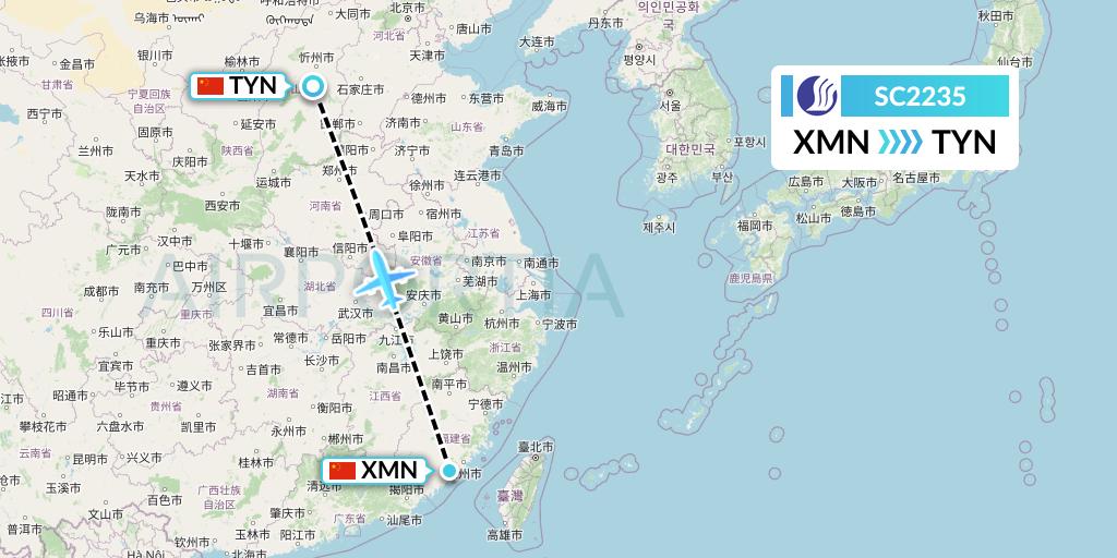 SC2235 Shandong Airlines Flight Map: Xiamen to Taiyuan