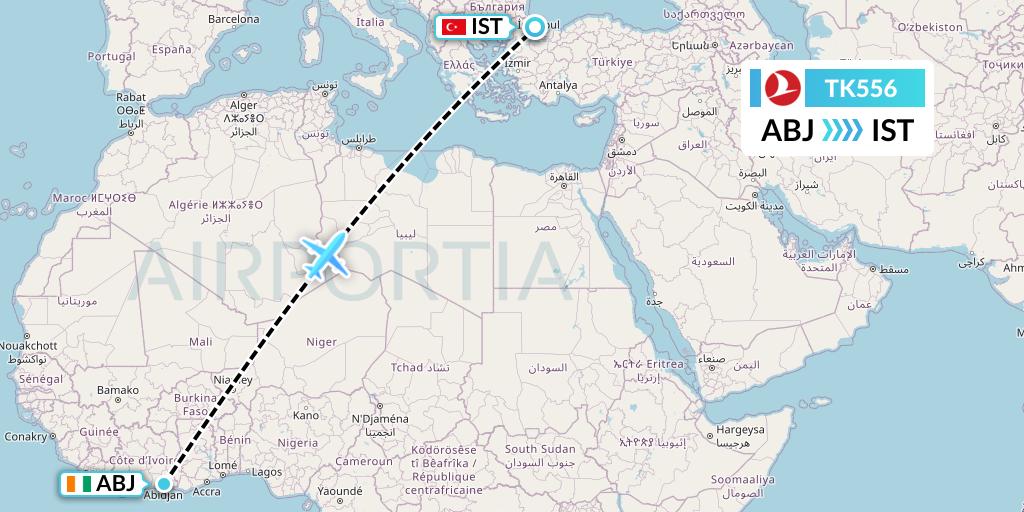 TK556 Turkish Airlines Flight Map: Abidjan to Istanbul