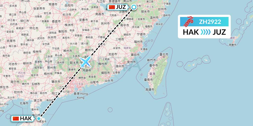 ZH2922 Shenzhen Airlines Flight Map: Haikou to Quzhou