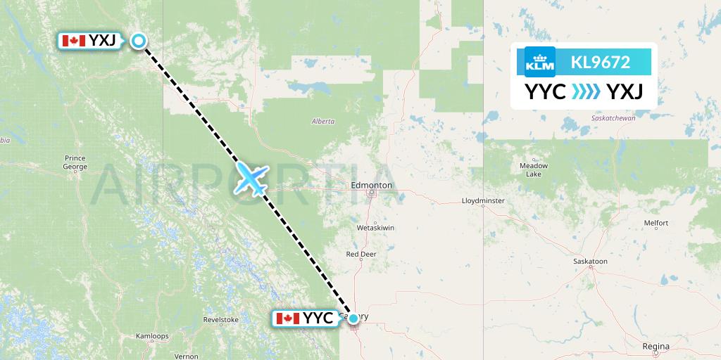 KL9672 KLM Flight Map: Calgary to Fort St. John