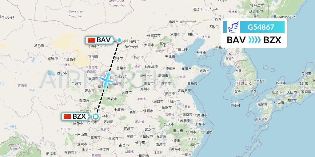 G54867 China Express Airlines Flight Map: Baotou to Guangyuan