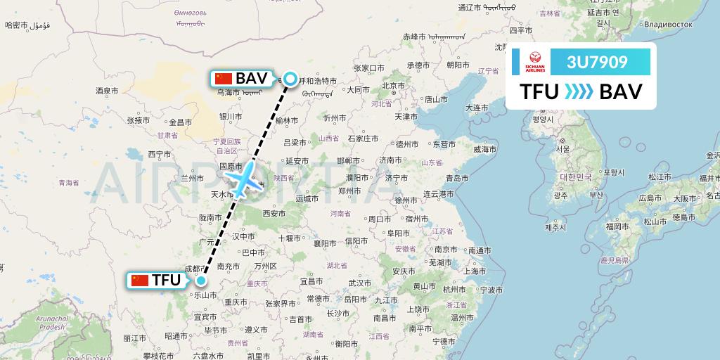 3U7909 Sichuan Airlines Flight Map: Chengdu to Baotou