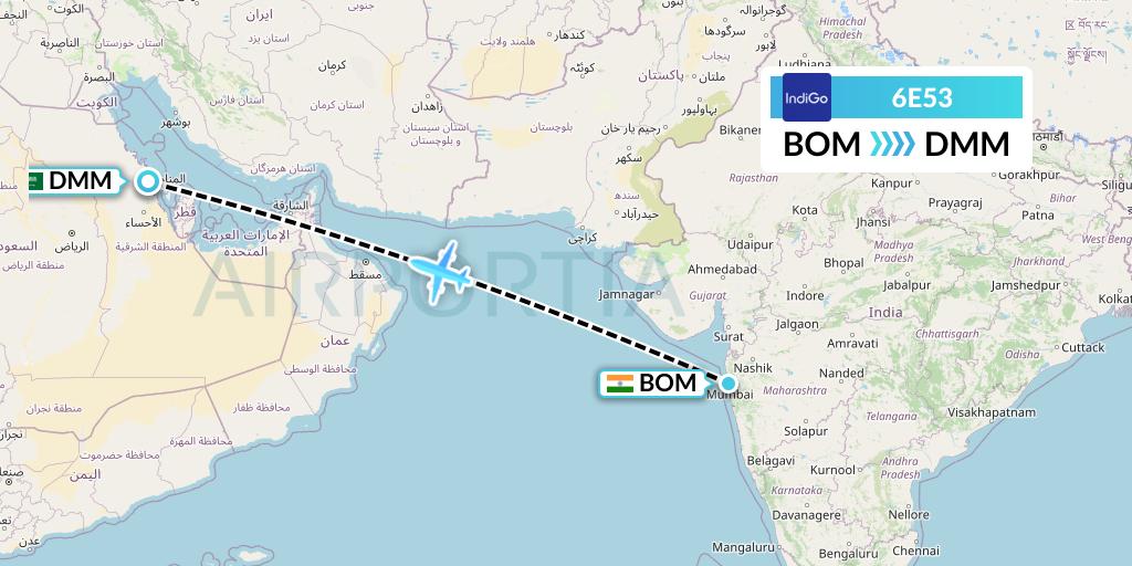 6E53 IndiGo Airlines Flight Map: Mumbai to Dammam