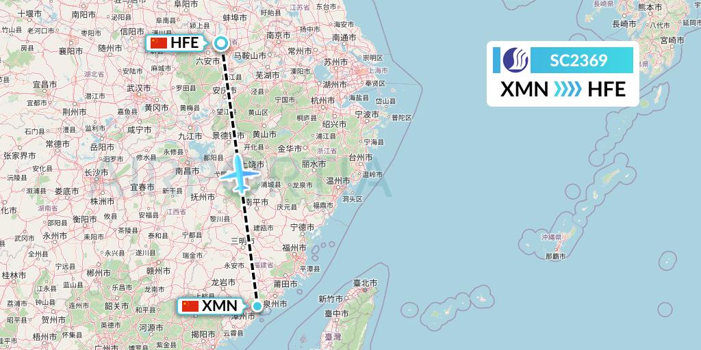 SC2369 Shandong Airlines Flight Map: Xiamen to Hefei