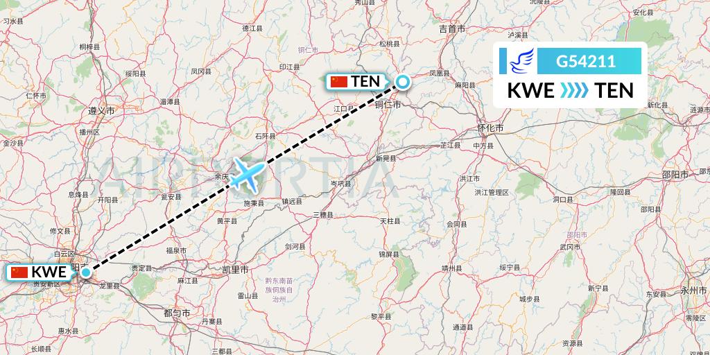 G54211 China Express Airlines Flight Map: Guiyang to Tongren