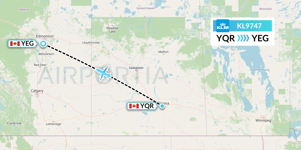 KL9747 KLM Flight Map: Regina to Edmonton