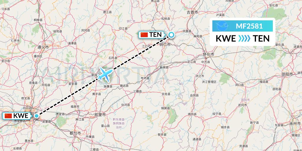 MF2581 Xiamen Airlines Flight Map: Guiyang to Tongren