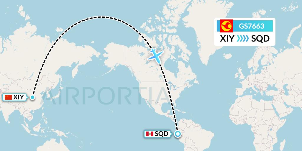 GS7663 Tianjin Airlines Flight Map: Xi'an to San Francisco de Yeso