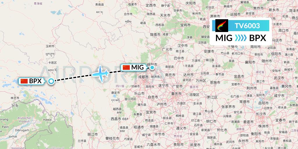 TV6003 Tibet Airlines Flight Map: Mianyang to Bangda