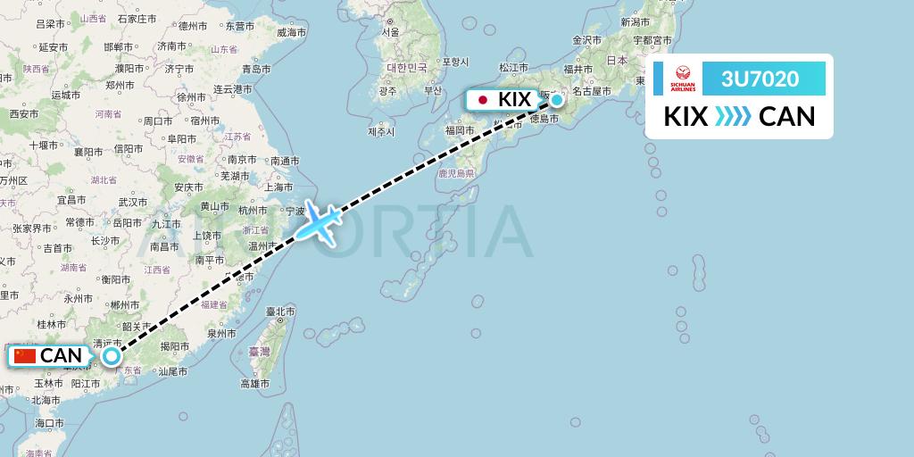 3U7020 Sichuan Airlines Flight Map: Osaka to Guangzhou