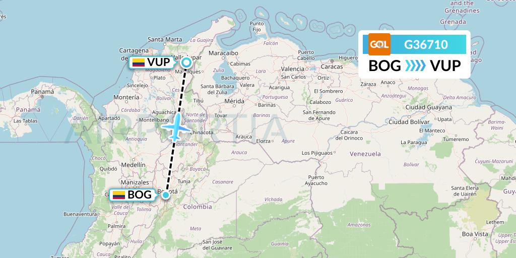 G36710 GOL Transportes Aeros Flight Map: Bogota to Valledupar