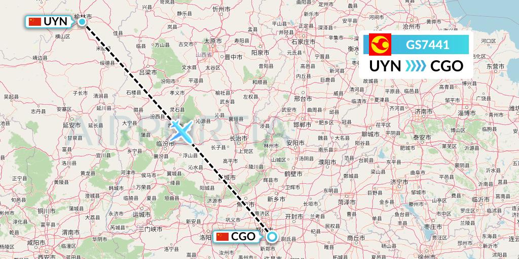 GS7441 Tianjin Airlines Flight Map: Yulin to Zhengzhou