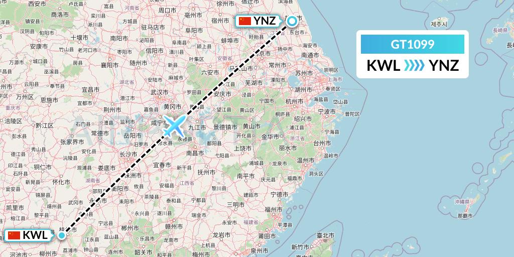 GT1099 Air Guilin Flight Map: Guilin to Yancheng