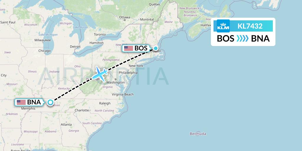 KL7432 KLM Flight Map: Boston to Nashville