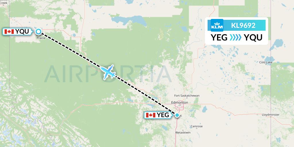 KL9692 KLM Flight Map: Edmonton to Grande Prairie