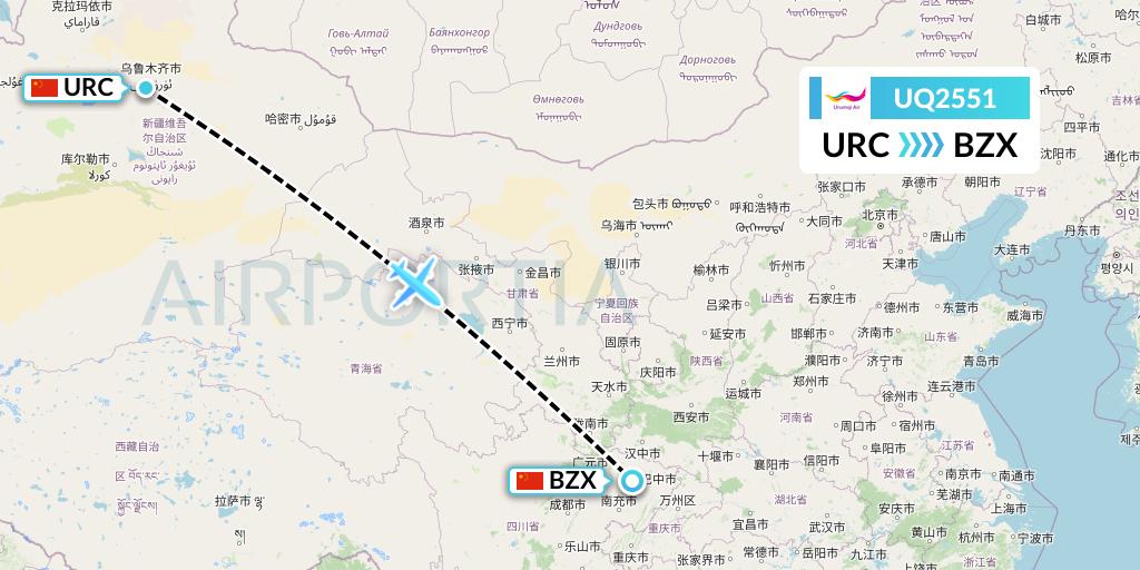 UQ2551 Urumqi Airlines Flight Map: Urumqi to Guangyuan