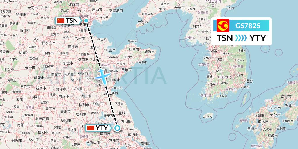 GS7825 Tianjin Airlines Flight Map: Tianjin to Yangzhou