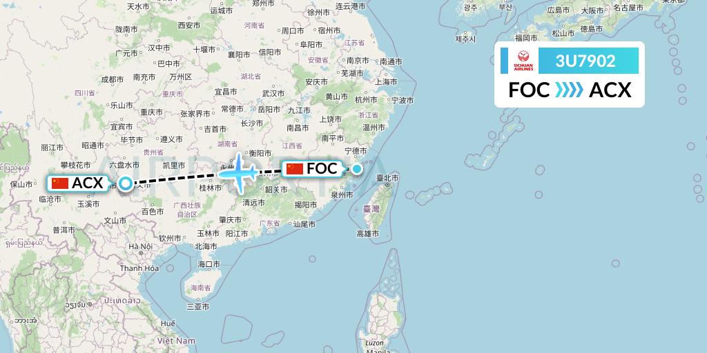 3U7902 Sichuan Airlines Flight Map: Fuzhou to Xingyi