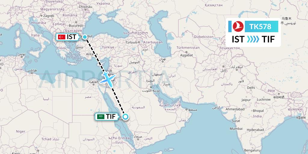 TK578 Turkish Airlines Flight Map: Istanbul to Taif