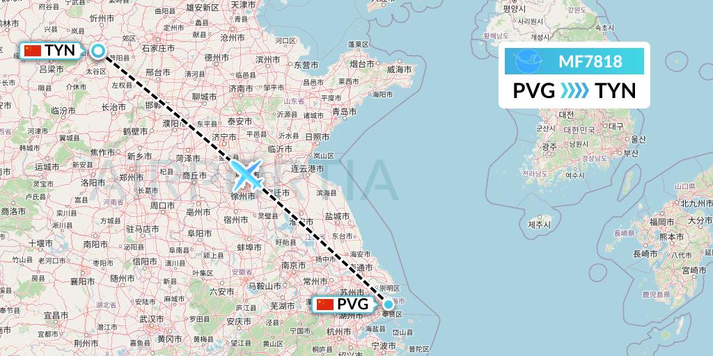 MF7818 Xiamen Airlines Flight Map: Shanghai to Taiyuan